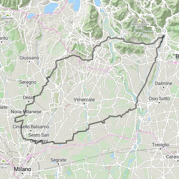 Map miniature of "The Lombardia Long Haul" cycling inspiration in Lombardia, Italy. Generated by Tarmacs.app cycling route planner