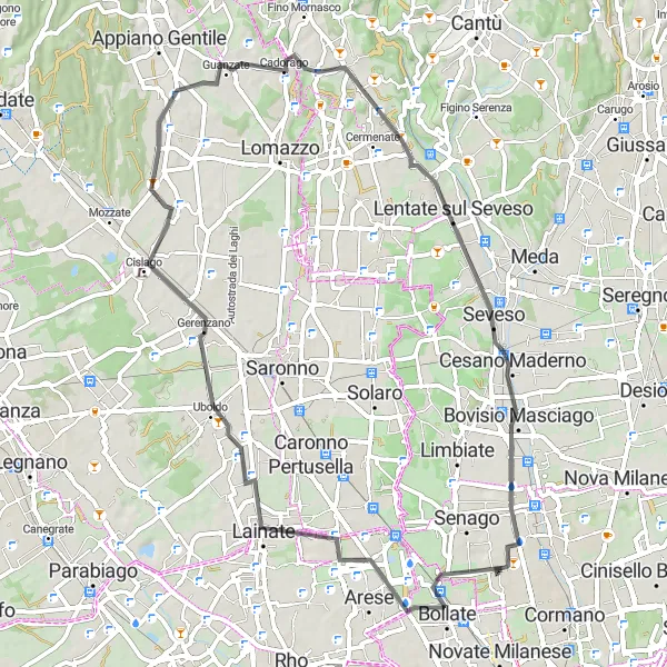 Zemljevid v pomanjšavi "Kolesarska avantura okoli Paderna Dugnana" kolesarske inspiracije v Lombardia, Italy. Generirano z načrtovalcem kolesarskih poti Tarmacs.app