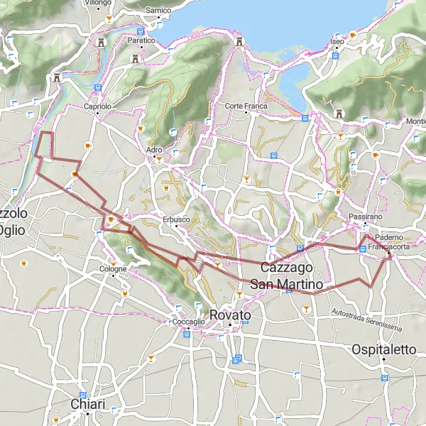 Map miniature of "Paderno Franciacorta Gravel Cycling Route" cycling inspiration in Lombardia, Italy. Generated by Tarmacs.app cycling route planner