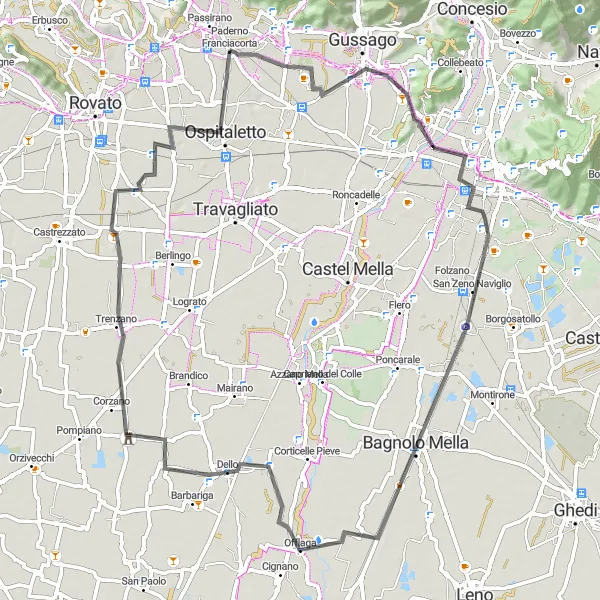 Zemljevid v pomanjšavi "Paderno Franciacorta - Ospitaletto Route" kolesarske inspiracije v Lombardia, Italy. Generirano z načrtovalcem kolesarskih poti Tarmacs.app