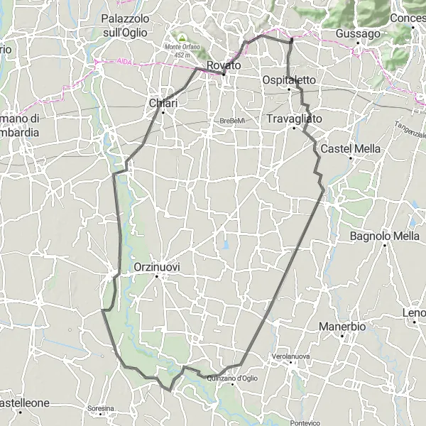 Zemljevid v pomanjšavi "Pot ob jezerih Franciacorte" kolesarske inspiracije v Lombardia, Italy. Generirano z načrtovalcem kolesarskih poti Tarmacs.app