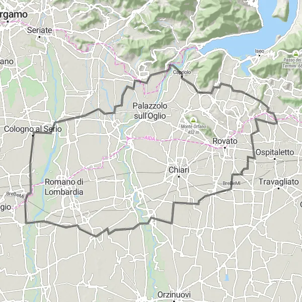 Kartminiatyr av "Runt Franciacorta och Seriofloden" cykelinspiration i Lombardia, Italy. Genererad av Tarmacs.app cykelruttplanerare