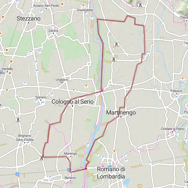 Mapa miniatúra "Gravelová dobrodružná cesta" cyklistická inšpirácia v Lombardia, Italy. Vygenerované cyklistickým plánovačom trás Tarmacs.app