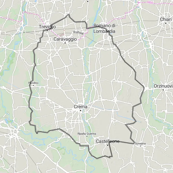 Miniatua del mapa de inspiración ciclista "Ruta ciclista a través de Castelleone y Dovera" en Lombardia, Italy. Generado por Tarmacs.app planificador de rutas ciclistas