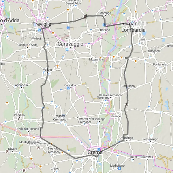 Mapa miniatúra "Okruh Pagazzano - Romano di Lombardia" cyklistická inšpirácia v Lombardia, Italy. Vygenerované cyklistickým plánovačom trás Tarmacs.app