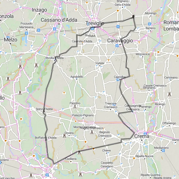 Miniatura della mappa di ispirazione al ciclismo "Giro in bicicletta da Pagazzano a Santo Stefano in Vairano passando per Spino d’Adda e Arzago d'Adda" nella regione di Lombardia, Italy. Generata da Tarmacs.app, pianificatore di rotte ciclistiche