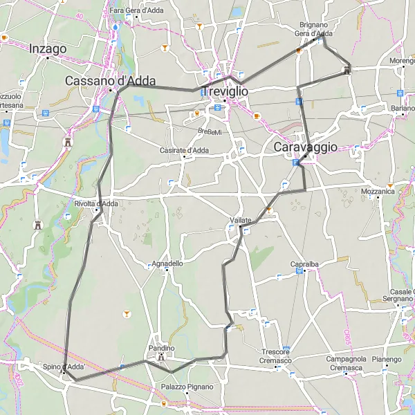 Miniatura della mappa di ispirazione al ciclismo "Giro delle Cascine da Caravaggio" nella regione di Lombardia, Italy. Generata da Tarmacs.app, pianificatore di rotte ciclistiche