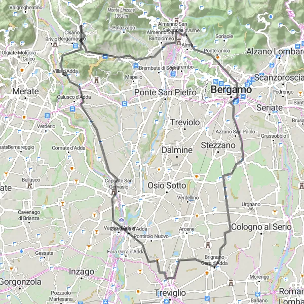 Miniature de la carte de l'inspiration cycliste "Escapade entre Bergamo et Brignano Gera d'Adda" dans la Lombardia, Italy. Générée par le planificateur d'itinéraire cycliste Tarmacs.app