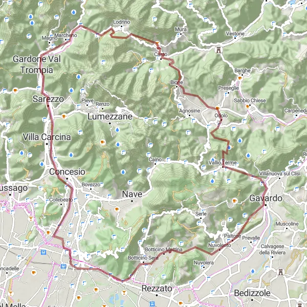 Miniatura della mappa di ispirazione al ciclismo "Alla scoperta della natura tra Brescia e Paitone" nella regione di Lombardia, Italy. Generata da Tarmacs.app, pianificatore di rotte ciclistiche