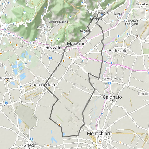 Kartminiatyr av "Landevei tur til Castenedolo og Marguzzo fra Paitone" sykkelinspirasjon i Lombardia, Italy. Generert av Tarmacs.app sykkelrutoplanlegger
