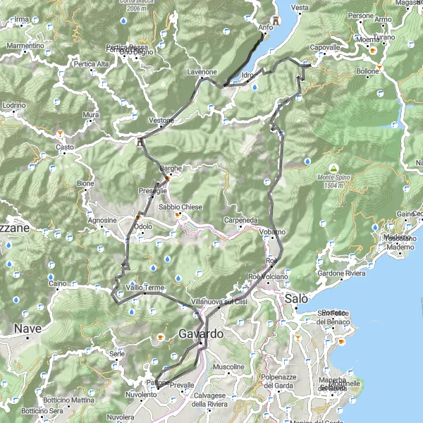 Map miniature of "The Epic Road Challenge: Paitone to Vobarno" cycling inspiration in Lombardia, Italy. Generated by Tarmacs.app cycling route planner