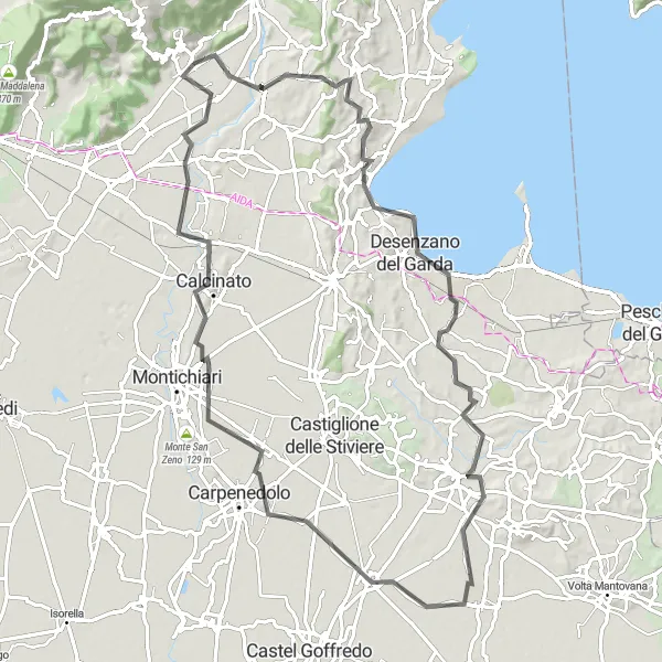 Map miniature of "The Road to Solferino" cycling inspiration in Lombardia, Italy. Generated by Tarmacs.app cycling route planner