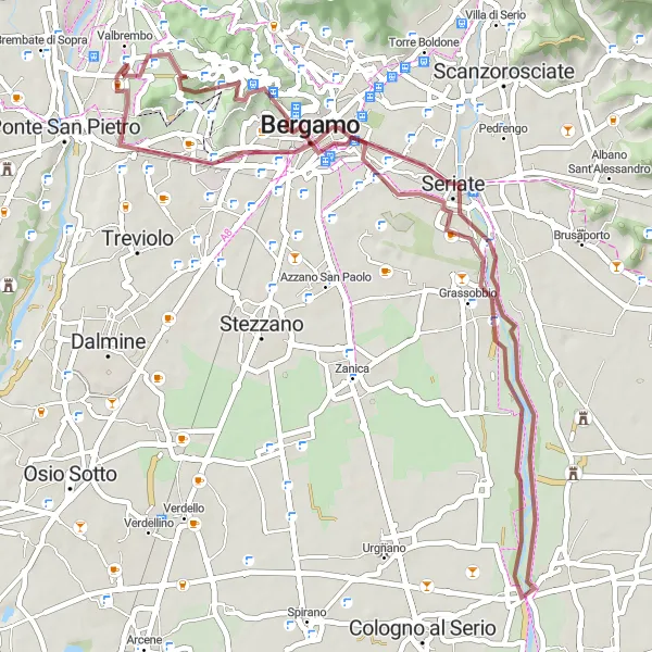 Zemljevid v pomanjšavi "Orsarola - Borgo Palazzo - Mozzo Gravel Cycling Route" kolesarske inspiracije v Lombardia, Italy. Generirano z načrtovalcem kolesarskih poti Tarmacs.app