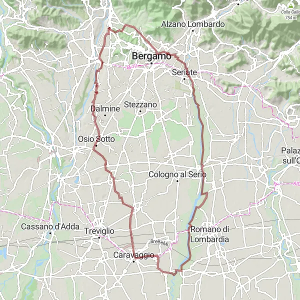 Miniatua del mapa de inspiración ciclista "Ruta de grava cerca de Paladina" en Lombardia, Italy. Generado por Tarmacs.app planificador de rutas ciclistas