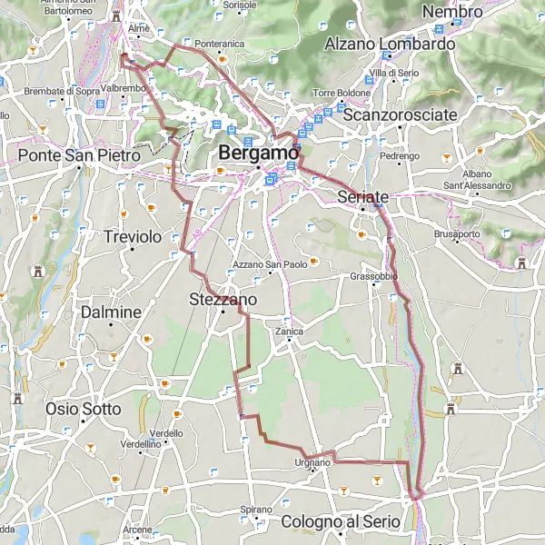 Zemljevid v pomanjšavi "Uživajte v kolesarjenju po makadamskih poteh v Lombardiji" kolesarske inspiracije v Lombardia, Italy. Generirano z načrtovalcem kolesarskih poti Tarmacs.app