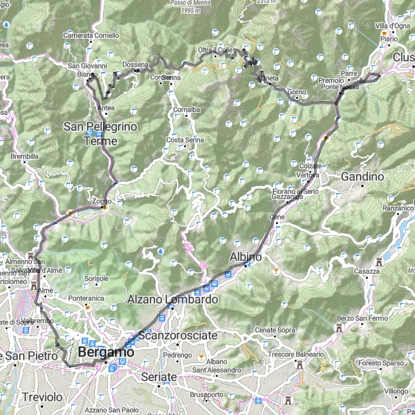 Zemljevid v pomanjšavi "Pincol - Colle di Zambla - Pizzo Frol Scenic Cycling Route" kolesarske inspiracije v Lombardia, Italy. Generirano z načrtovalcem kolesarskih poti Tarmacs.app