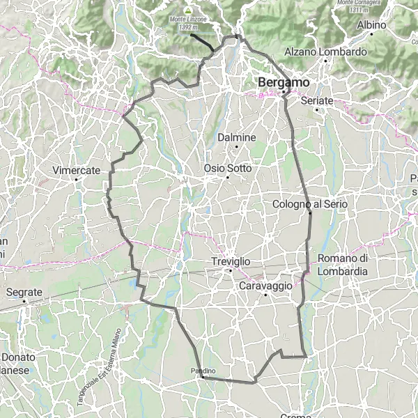 Map miniature of "Bergamo and Adda River Valley Loop" cycling inspiration in Lombardia, Italy. Generated by Tarmacs.app cycling route planner