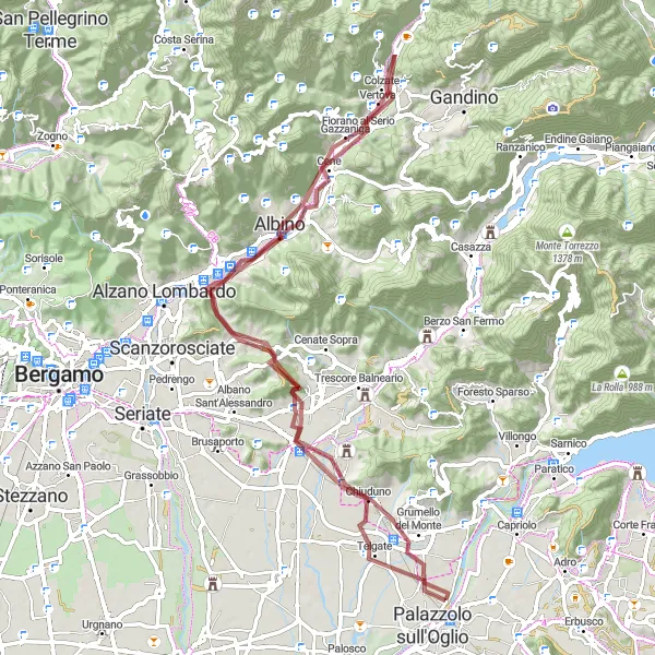 Mapa miniatúra "Gravelová okružná trasa cez Belvedere, Carobbio degli Angeli, Forcella del Cagnolo, Cene, Colle Petta, Albino, Monti di Argon, Chiuduno, Ciminiere Italcementi" cyklistická inšpirácia v Lombardia, Italy. Vygenerované cyklistickým plánovačom trás Tarmacs.app