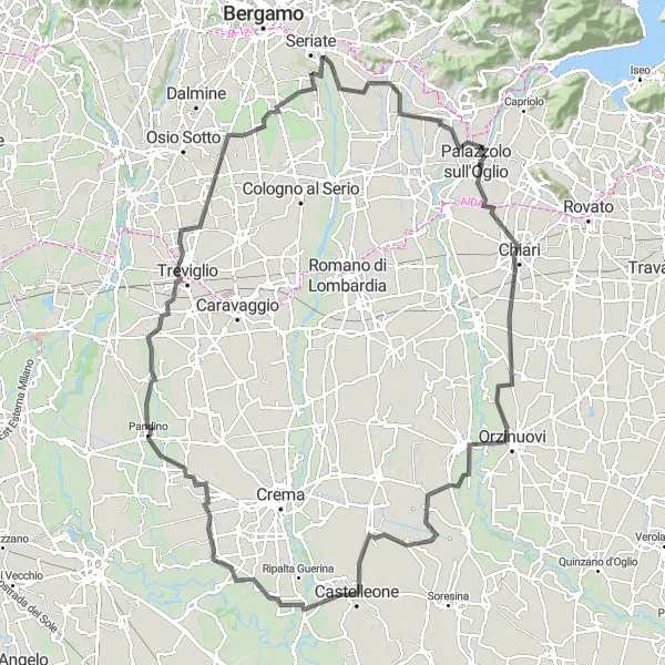 Miniature de la carte de l'inspiration cycliste "La Grande Boucle de Crémone" dans la Lombardia, Italy. Générée par le planificateur d'itinéraire cycliste Tarmacs.app