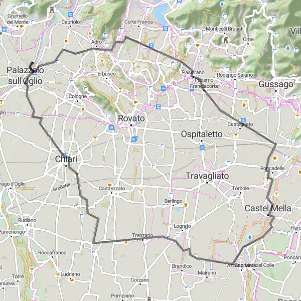 Miniature de la carte de l'inspiration cycliste "Itinéraire à vélo autour de Palazzolo sull'Oglio" dans la Lombardia, Italy. Générée par le planificateur d'itinéraire cycliste Tarmacs.app