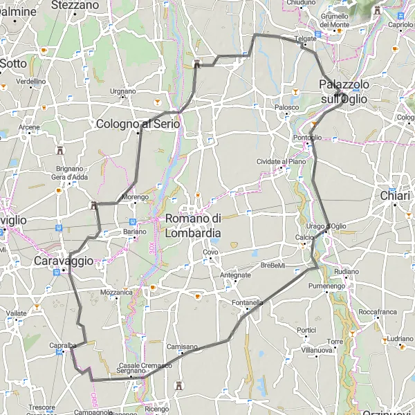 Kartminiatyr av "Gjennom vakre landskap og historie" sykkelinspirasjon i Lombardia, Italy. Generert av Tarmacs.app sykkelrutoplanlegger