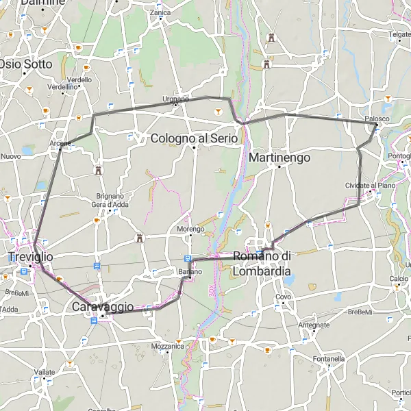 Zemljevid v pomanjšavi "Sproščujoča cestna pot okoli Palosca" kolesarske inspiracije v Lombardia, Italy. Generirano z načrtovalcem kolesarskih poti Tarmacs.app