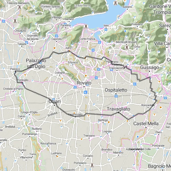 Miniatua del mapa de inspiración ciclista "Ruta de Ciclismo de Palosco a Palazzolo sull'Oglio y Pontoglio" en Lombardia, Italy. Generado por Tarmacs.app planificador de rutas ciclistas