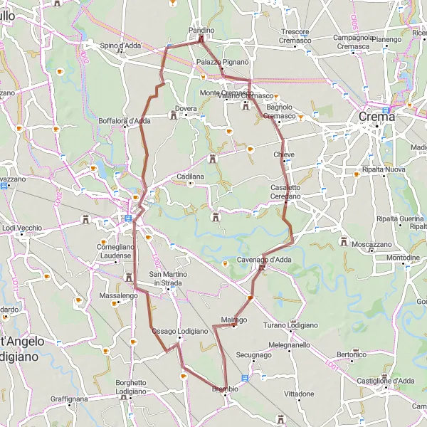 Mapa miniatúra "Gravelový okruh cez Pandino, Vaiano Cremasco, Cavenago d'Adda, Ossago Lodigiano, Lodi a Barbuzzera" cyklistická inšpirácia v Lombardia, Italy. Vygenerované cyklistickým plánovačom trás Tarmacs.app