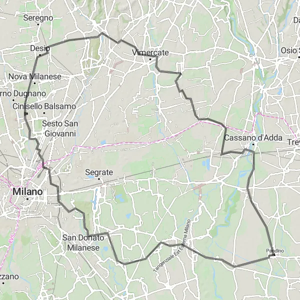 Zemljevid v pomanjšavi "Road Route from Pandino" kolesarske inspiracije v Lombardia, Italy. Generirano z načrtovalcem kolesarskih poti Tarmacs.app