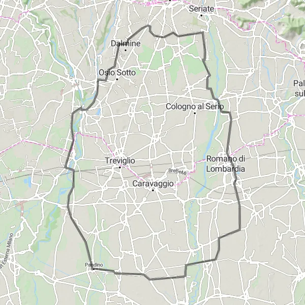 Miniatua del mapa de inspiración ciclista "Ruta de ciclismo de carretera desde Pandino a Pianengo" en Lombardia, Italy. Generado por Tarmacs.app planificador de rutas ciclistas