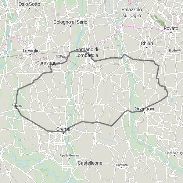 Zemljevid v pomanjšavi "Road Route to Offanengo" kolesarske inspiracije v Lombardia, Italy. Generirano z načrtovalcem kolesarskih poti Tarmacs.app