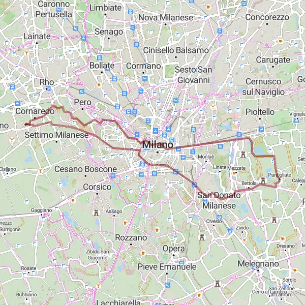 Mapa miniatúra "Gravelový okruh okolo Milána" cyklistická inšpirácia v Lombardia, Italy. Vygenerované cyklistickým plánovačom trás Tarmacs.app