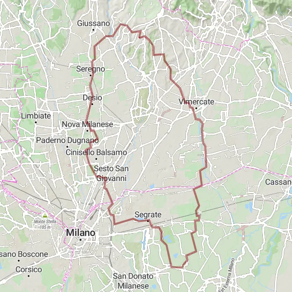 Mapa miniatúra "Gravel okruh cez Pantigliate" cyklistická inšpirácia v Lombardia, Italy. Vygenerované cyklistickým plánovačom trás Tarmacs.app