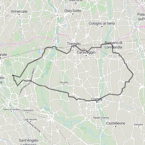 Miniatua del mapa de inspiración ciclista "Recorrido panorámico por Casirate d'Adda y Vigliano" en Lombardia, Italy. Generado por Tarmacs.app planificador de rutas ciclistas