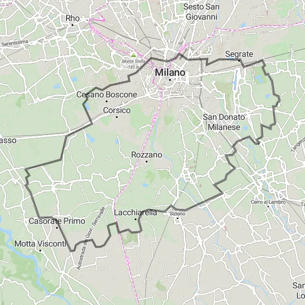 Kartminiatyr av "Historiska platser och natursköna vyer på cykeltur runt Pantigliate" cykelinspiration i Lombardia, Italy. Genererad av Tarmacs.app cykelruttplanerare