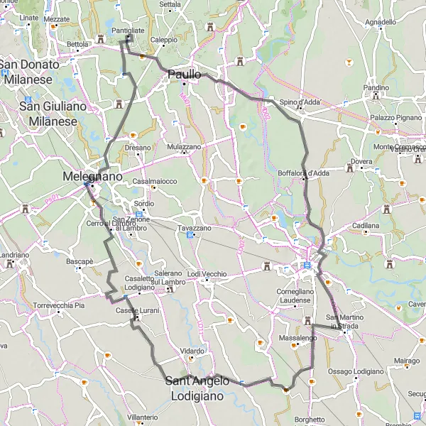 Mapa miniatúra "Okružná cestná cyklistická trasa z Pantigliate" cyklistická inšpirácia v Lombardia, Italy. Vygenerované cyklistickým plánovačom trás Tarmacs.app