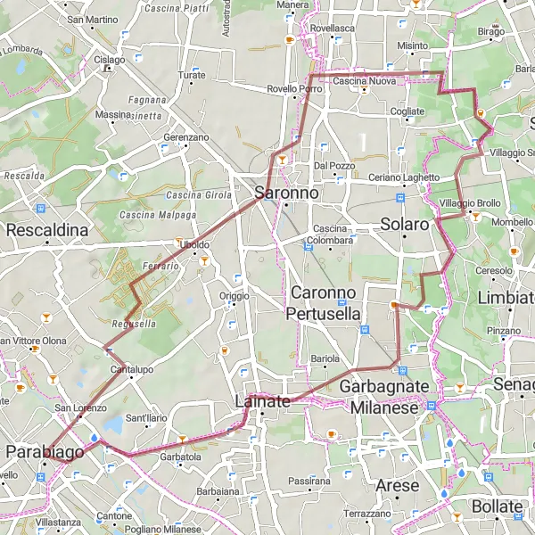 Mapa miniatúra "Gravelová trasa cez Uboldo" cyklistická inšpirácia v Lombardia, Italy. Vygenerované cyklistickým plánovačom trás Tarmacs.app