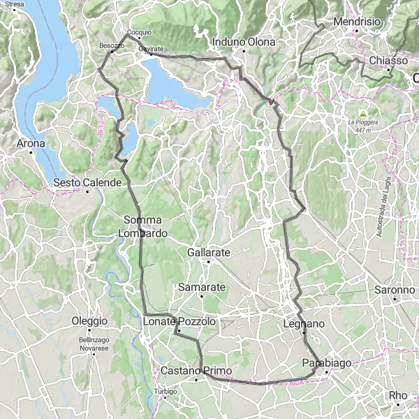 Map miniature of "Challenging Climb to Monte Gennaio and Varese" cycling inspiration in Lombardia, Italy. Generated by Tarmacs.app cycling route planner