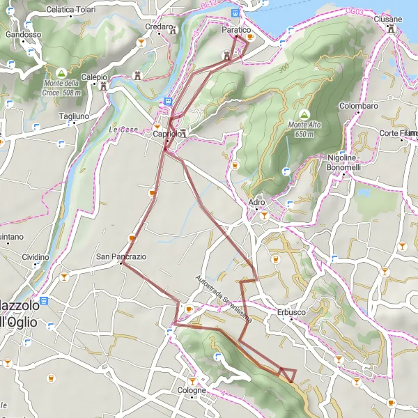 Miniaturní mapa "Gravelový okruh Monte Orfano" inspirace pro cyklisty v oblasti Lombardia, Italy. Vytvořeno pomocí plánovače tras Tarmacs.app