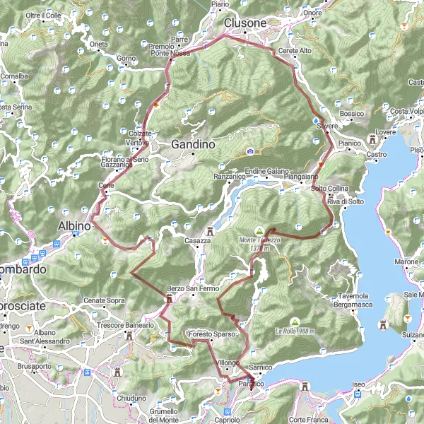 Miniatua del mapa de inspiración ciclista "Ruta de Gravel a Monte Beur y Sarnico" en Lombardia, Italy. Generado por Tarmacs.app planificador de rutas ciclistas