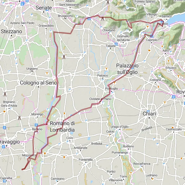 Map miniature of "Gravel Ride through Palazzolo sull'Oglio and Monte Santo Stefano" cycling inspiration in Lombardia, Italy. Generated by Tarmacs.app cycling route planner