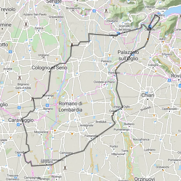 Miniatua del mapa de inspiración ciclista "Ruta de Palazzolo sull'Oglio a Paratico" en Lombardia, Italy. Generado por Tarmacs.app planificador de rutas ciclistas