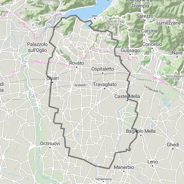 Zemljevid v pomanjšavi "Slikovita pot okoli jezera Iseo" kolesarske inspiracije v Lombardia, Italy. Generirano z načrtovalcem kolesarskih poti Tarmacs.app
