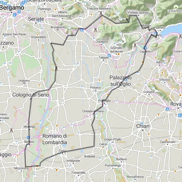 Miniatua del mapa de inspiración ciclista "Ruta de Carretera a Capriolo y Sarnico" en Lombardia, Italy. Generado por Tarmacs.app planificador de rutas ciclistas