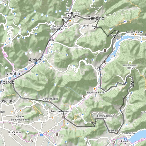 Kartminiatyr av "Äventyrsfylld roadtrip till Adrara San Martino" cykelinspiration i Lombardia, Italy. Genererad av Tarmacs.app cykelruttplanerare