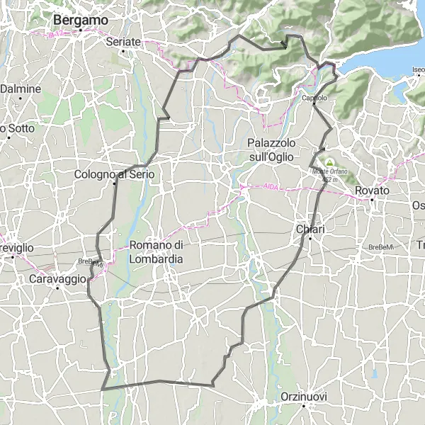 Map miniature of "Monte Sant'Onofrio and Cologne" cycling inspiration in Lombardia, Italy. Generated by Tarmacs.app cycling route planner