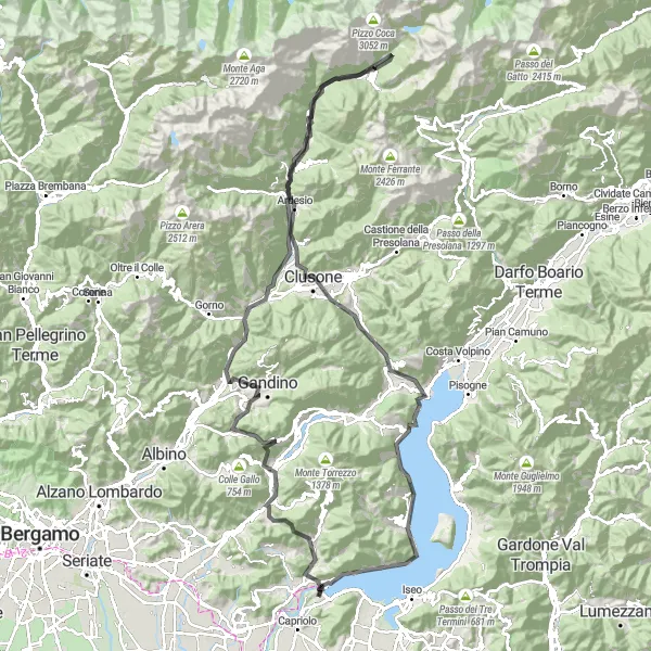 Miniaturní mapa "Podmanivé pohoří okolo Girma" inspirace pro cyklisty v oblasti Lombardia, Italy. Vytvořeno pomocí plánovače tras Tarmacs.app