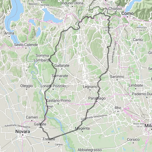 Miniatua del mapa de inspiración ciclista "Ruta en carretera con desafíos cerca de Parè" en Lombardia, Italy. Generado por Tarmacs.app planificador de rutas ciclistas