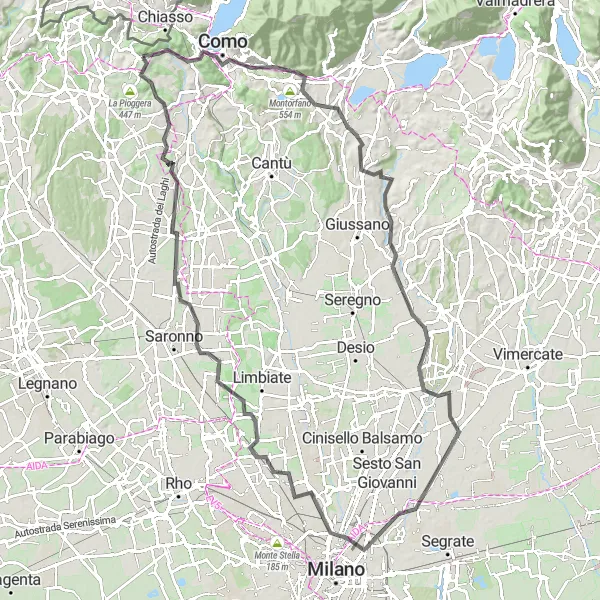 Map miniature of "Como to Brianza Loop" cycling inspiration in Lombardia, Italy. Generated by Tarmacs.app cycling route planner