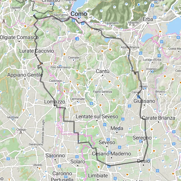 Miniatura della mappa di ispirazione al ciclismo "Tour Panoramico tra Como e Lurate Caccivio" nella regione di Lombardia, Italy. Generata da Tarmacs.app, pianificatore di rotte ciclistiche